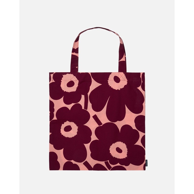 Sac Marimekko UNIKKO en coton 44 x 43 cm, beau et pratique en coloris de rose et bordeaux.