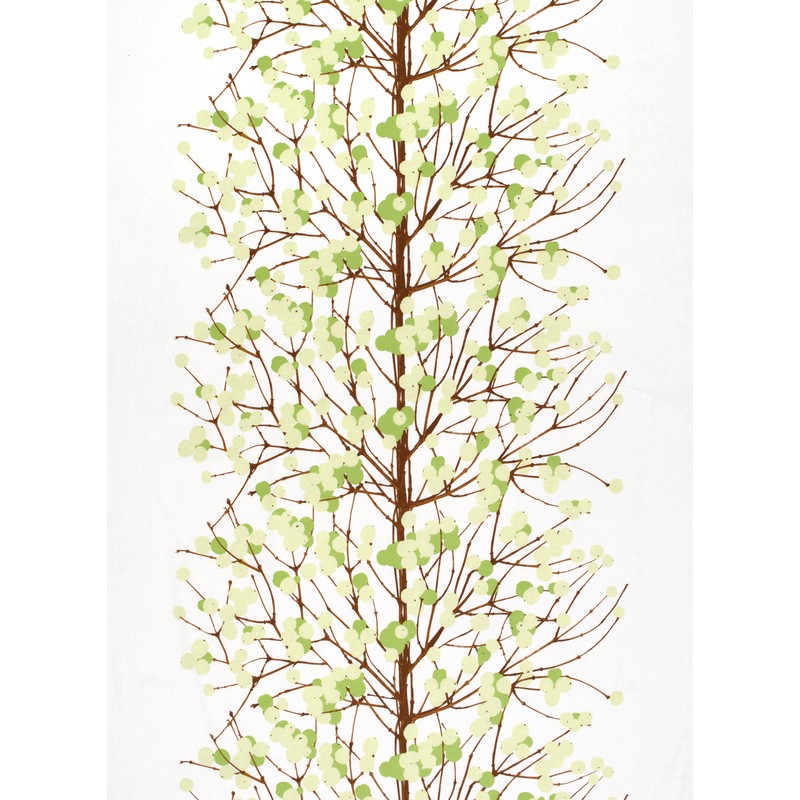 Tissu Marimekko Lumimarja en beige, vert et marron. Imprimé en Finlande. Tissu Marimekko Lumimarja en beige, vert et marron. Imprimé en Finlande.