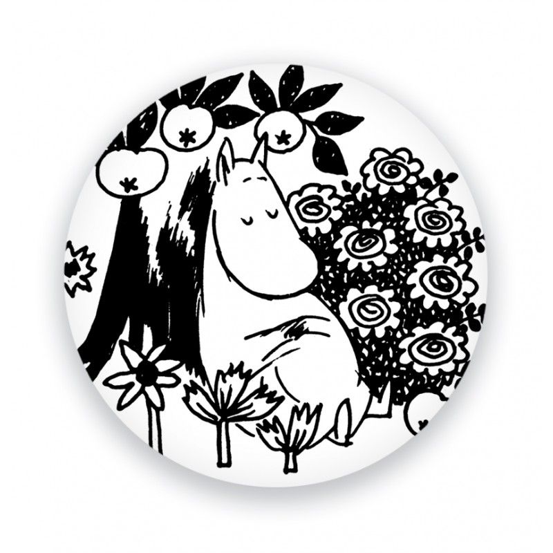 Aimant Moomin décoratif de haute qualité, finition mat, diamètre 56 mm.