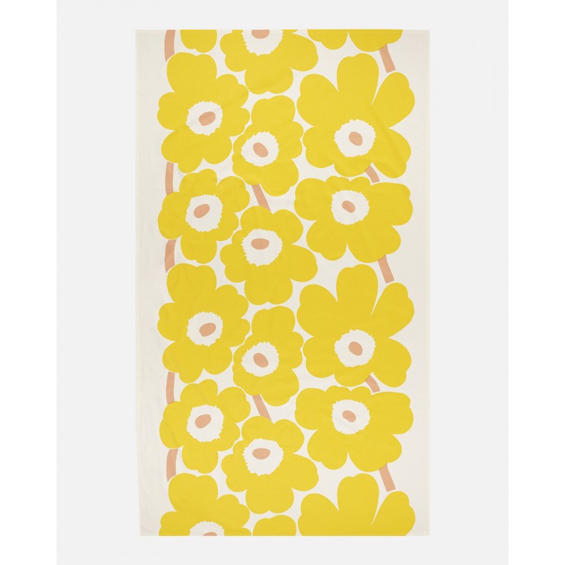 Nappe Unikko jaune de Marimekko en coton satiné, dimensions 140x250 cm Nappe Unikko jaune de Marimekko en coton satiné, dimensions 140x250 cm